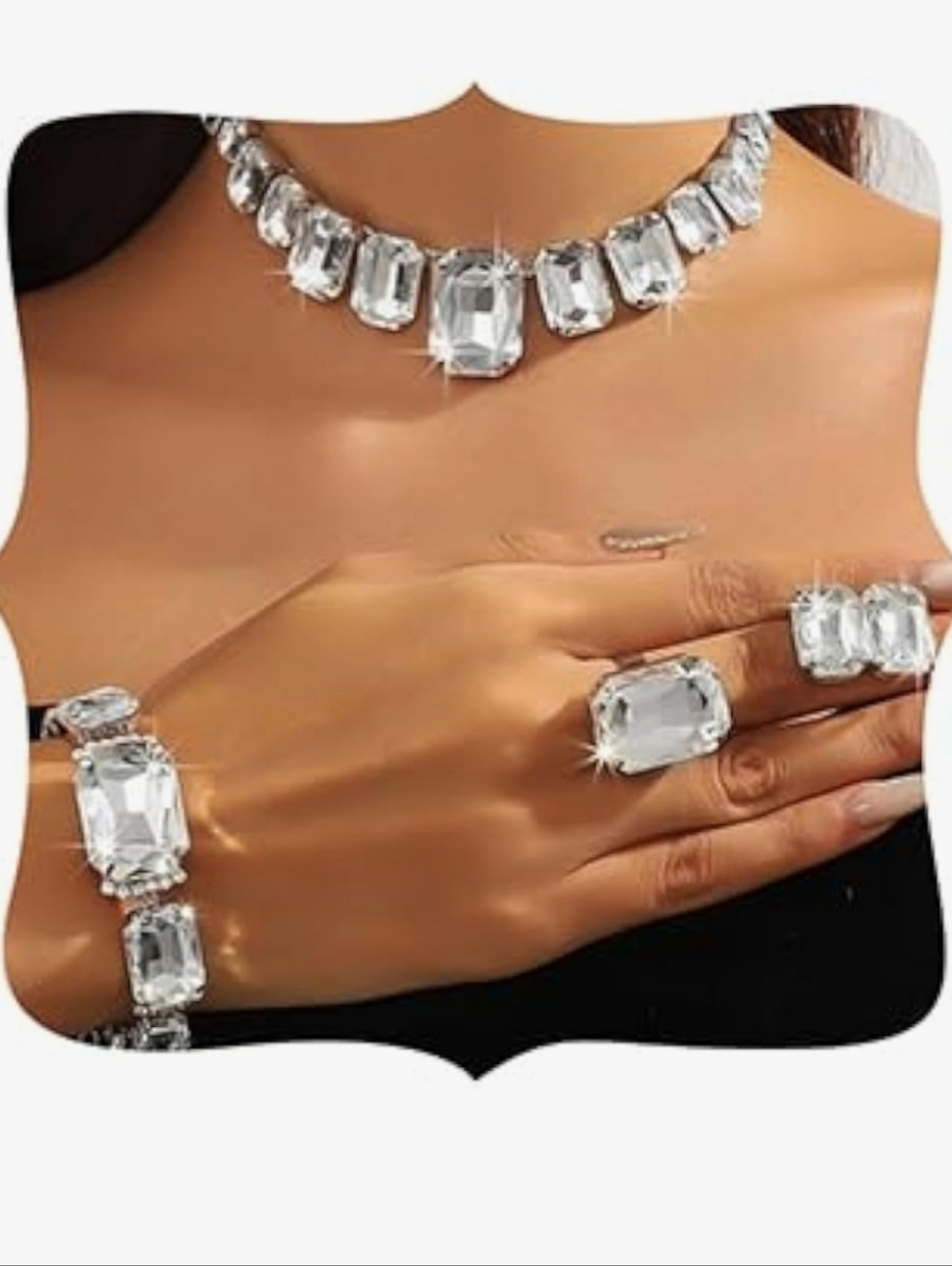 Elegant Clear Crystal Statement Jewelry Set – Necklace, Bracelet & Rings